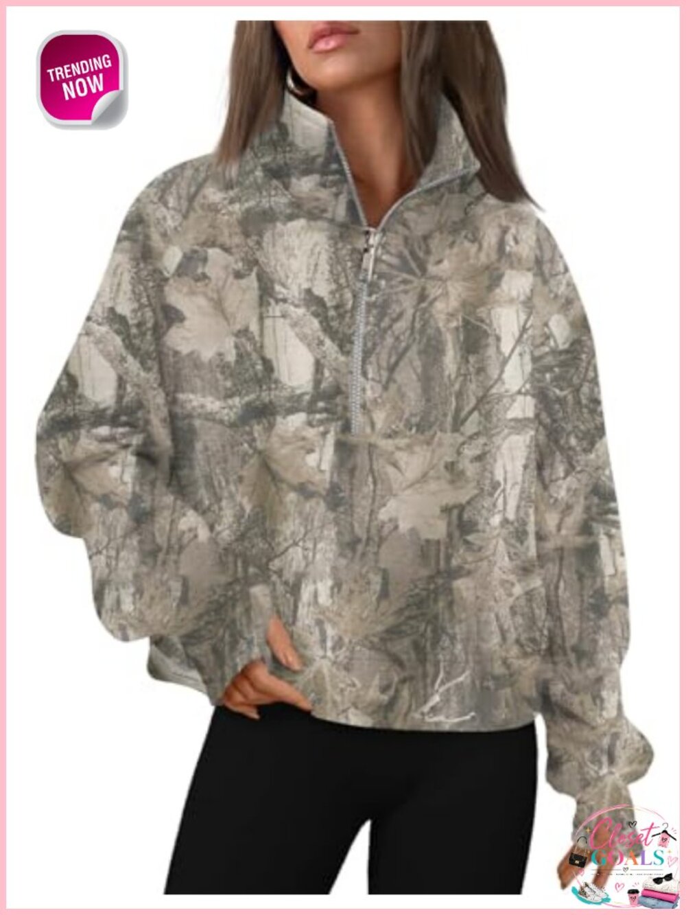 Fleece Lined Cropped Half Zip Hoodie Thumbholes Kangaroo Pocket